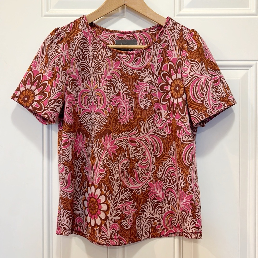 Anthropologie Demeter Paisley Floral Short Sleeve Blouse in Red Motif Size M
